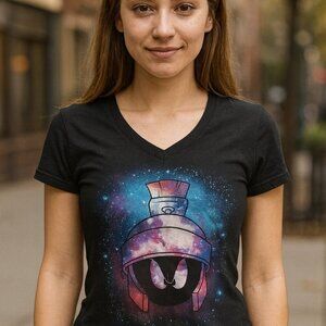 Looney Tunes Marvin The Martian Galaxy Girls T-Shirt V-neck Shirt Size Medium